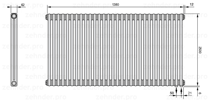 Схема (чертеж) Радиатор Zehnder Charleston 2250/30 №5510 Белый глянцевый RAL 9016